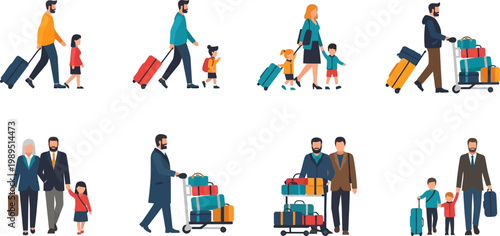 Flat vector illustration set of diverse people and families traveling with suitcases and luggage trolleys at airport terminal