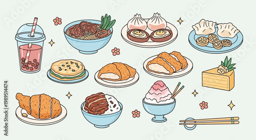 A vibrant and colorful collection of delicious Asian-inspired dishes and desserts, presented in a charming, hand-drawn illustration style.