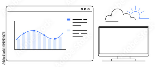 Data analytics, cloud computing, technology trends, business intelligence, innovation, performance tracking. Graph on a screen and a computer monitor with cloud and sun. Data analytics and cloud