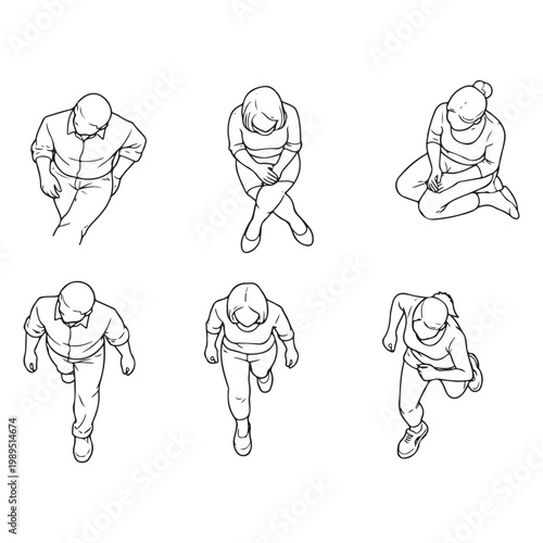 CAD Human Figure Outline Set – Men and Women Top View  Sitting, Walking, Running 
Vector Collection