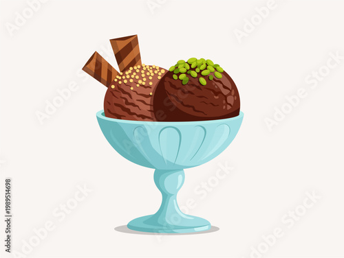Gourmet Chocolate Ice Cream Sundae with Wafer Sticks and Pistachios