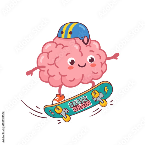 A smiling brain character wearing a helmet rides a skateboard outdoors