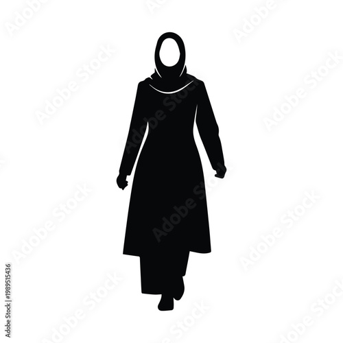 Woman wearing hijab walking in modest corporate attire silhouette