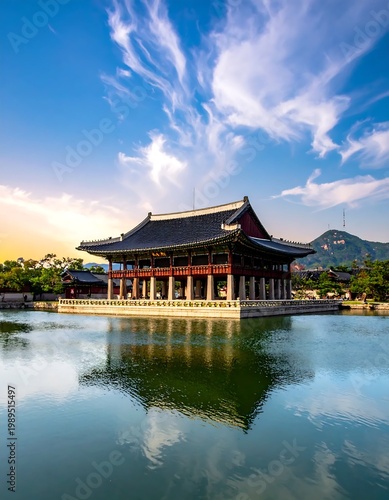 Gyeonghoeru Pavilion Gyeongbokgung Palace Seoul South Korea Traditional Wooden Architecture Reflected In Pond Water Under Vibrant Blue With Clouds