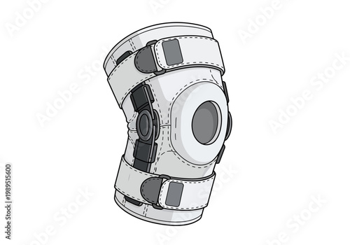 Illustration of a hinged knee brace in white and gray tones