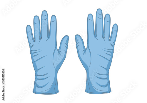 Pair of light blue disposable gloves shown palmside up against white