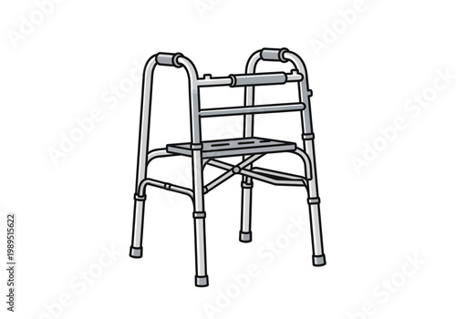 Stylized illustration of a folding walker with a seat