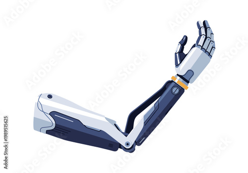 Stylized illustration of a dark blue and white robotic prosthetic arm against a white background
