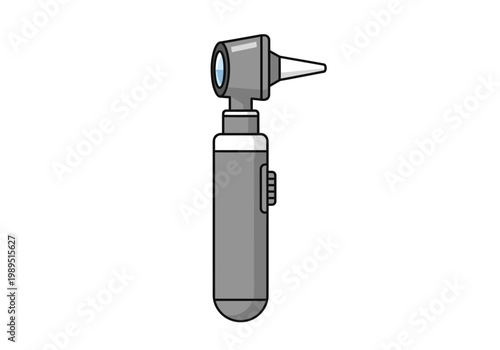 Stylized illustration of a gray handheld otoscope with a white ear speculum