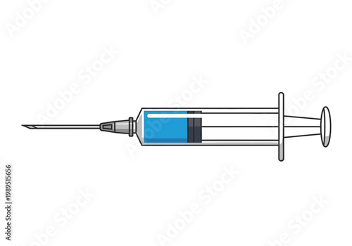 Stylized illustration of a medical syringe containing blue liquid