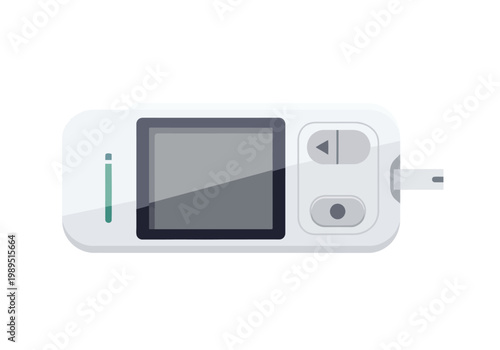 A white electronic device resembling a blood glucose meter with a screen