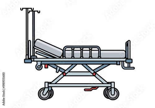 Cartoon rendering of a hospital gurney with IV pole attachment