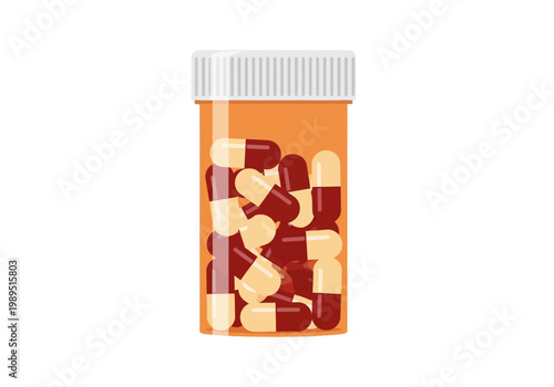 Orange pill bottle filled with twotoned capsules against a white background