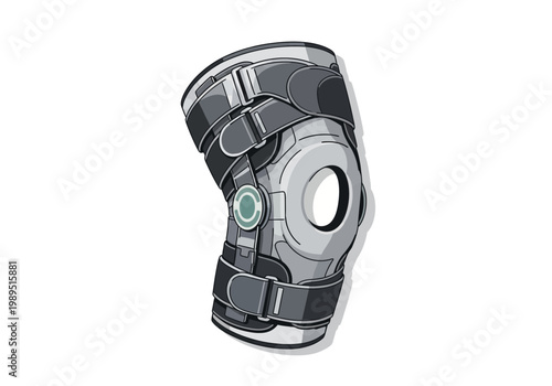 Stylized gray hinged knee brace with adjustable straps and patellar opening