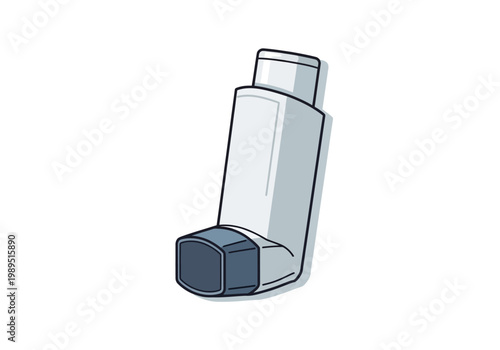 Stylized illustration of a gray and white metereddose inhaler against a white background