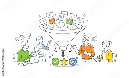 A clear process prioritization funnel scenario where a team filters and ranks incoming tasks to focus on the most impactful work during a planning session, centered