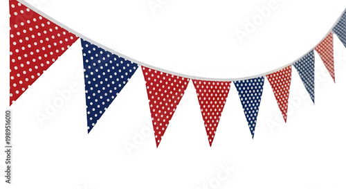 String of colorful triangular bunting flags with stars and polka dots isolated on transparent background