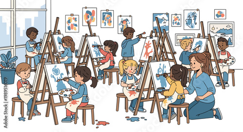Children actively engaged in a vibrant art class, learning and creating masterpieces on easels under the guidance of an instructor