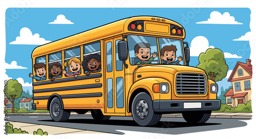 Happy children waving from a classic yellow school bus as it travels down a suburban street on a sunny day