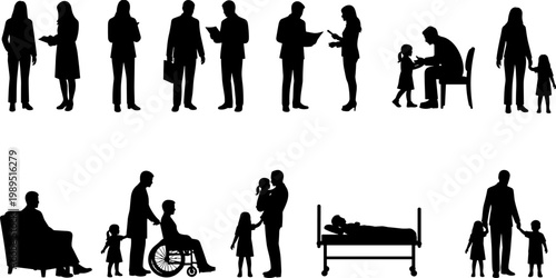 Family caregiving silhouettes, parent child interaction, healthcare support vector, domestic life illustration, social connection artwork, black silhouette art, everyday human relationships