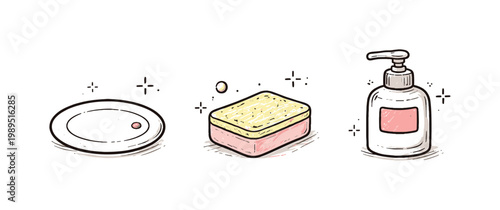 Simple kitchen cleaning set theme a horizontal row of 3 related hand-drawn objects on a white background: a small plate with a tiny red dot detail, a simple sponge with