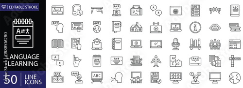 Language learning icons set. Includes symbols of translation, dictionary, speech bubbles, global communication, books, and education tools. Editable stroke. Vector illustration. Outline icons.