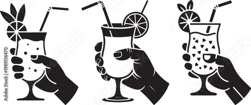 Silhouette of a hand holding a Pina Colada in a toast gesture, relaxed summer concept