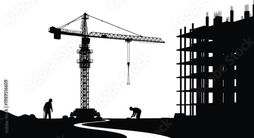 Construction site silhouette vector illustration with crane workers and building structure isolated black design for industry engineering and urban development
