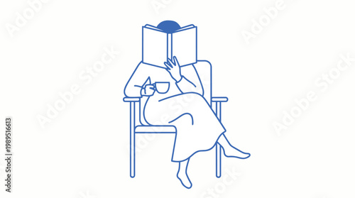 Abstract blue line illustration of a person reading a book while holding a coffee cup, sitting in a chair, perfect for lifestyle blogs, cozy home decor and educational content.