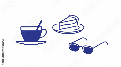 Blue line art icons of coffee cup, cake slice, and sunglasses on white background, concept for cafe promotion, leisure activities and travel blogs.