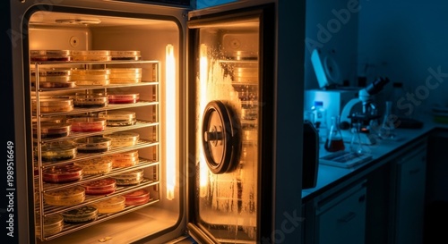 Incubator Door Ajar Revealing Petri Dishes in Laboratory
