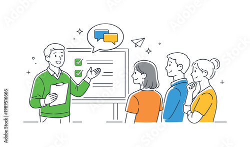 A workplace team briefing scenario where a leader presents key updates and instructions before starting tasks, shown through a small group gathered near a simple board