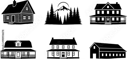 Rustic house silhouettes, log cabin illustration, mountain landscape vector, farmhouse architecture, barn building design, country living scenery, black rural silhouette art