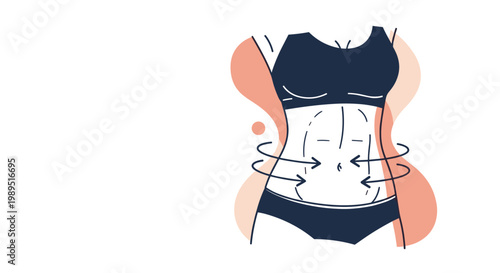Female torso with abdominal muscles shown alongside arrows symbolizing massage, skin care, or weight loss progress.