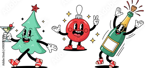 Retro rubber hose Christmas characters, vintage cartoon holiday mascot set, 3 funny winter celebration icons with tree, bauble, and champagne