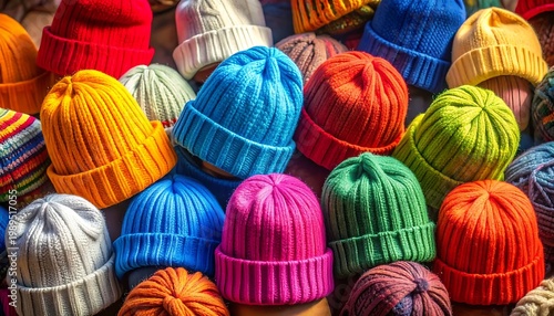 Colorful Knitted Beanie Hats In Vibrant Primary Colors Displayed Close Together Ribbed Wool Texture And Warm Winter Style