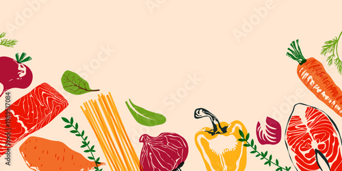 Healthy food background. Fresh raw vegetables and fish steaks banner with place for text, organic natural nutrition poster with sea food, veggies and greens. Vector illustration