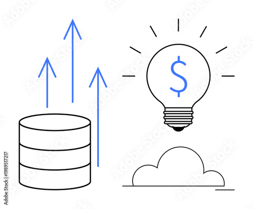 Economic growth, business innovation, financial strategies, data management, resource optimization, investment opportunities. Database with arrows and lightbulb with dollar symbol. Economic growth