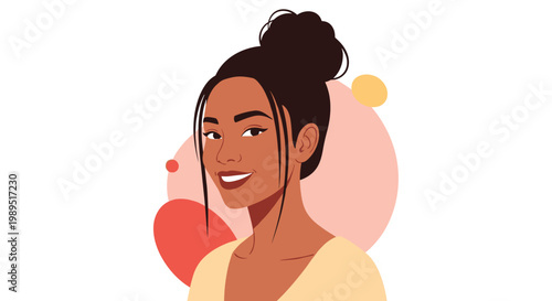 Portrait of a beautiful smiling woman with her dark hair tied up in a high bun against soft pink and orange circles.