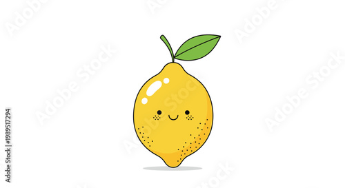 Cute smiling lemon character with rosy cheeks and a green leaf on top isolated on a clean white background for children.