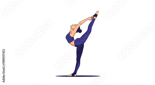 Athletic woman in a blue workout outfit performing a challenging yoga pose balancing on one leg for fitness and health.
