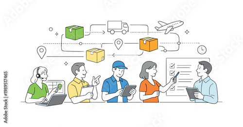 Team coordinating delivery operations and managing logistics to ensure timely shipments in a professional service environment, represented through a metaphor of connected