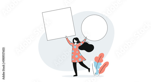Stylish woman holding up a blank square sign and a blank circular board for customizable text or logo placement.