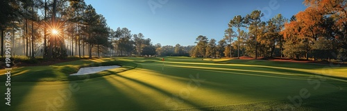 Golden hour light bathes a lush golf course with dramatic shadows and towering trees