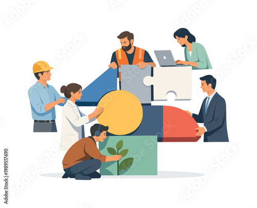 A team of specialists collaborating across different professions to complete a shared project, combining expertise and perspectives for a successful outcome, visual