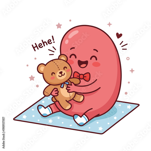 A cute cartoon character hugs a brown teddy bear on a mat.