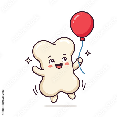 A smiling tooth character happily holds a red balloon in a joyful scene.