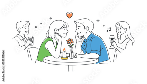 Romantic date scenario where a couple spends quality time together in a pleasant environment, visualized through a small table with a candle and a single flower as the