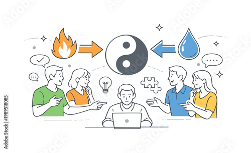 Individuals addressing disagreements and balancing multiple perspectives to reach a constructive outcome in a collaborative setting, represented through a metaphor of two