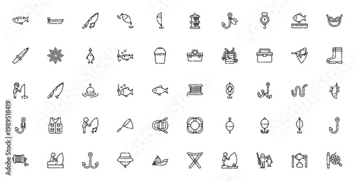 Fishing icon set. Vector illustration pack. Includes fish, boat, rod, hook, net, bait, tackle box, life saver and more. Editable stroke.